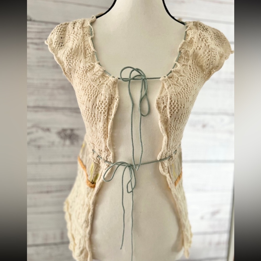 Cream Crochet Tie-Front Vest bolero cardigan patchwork small